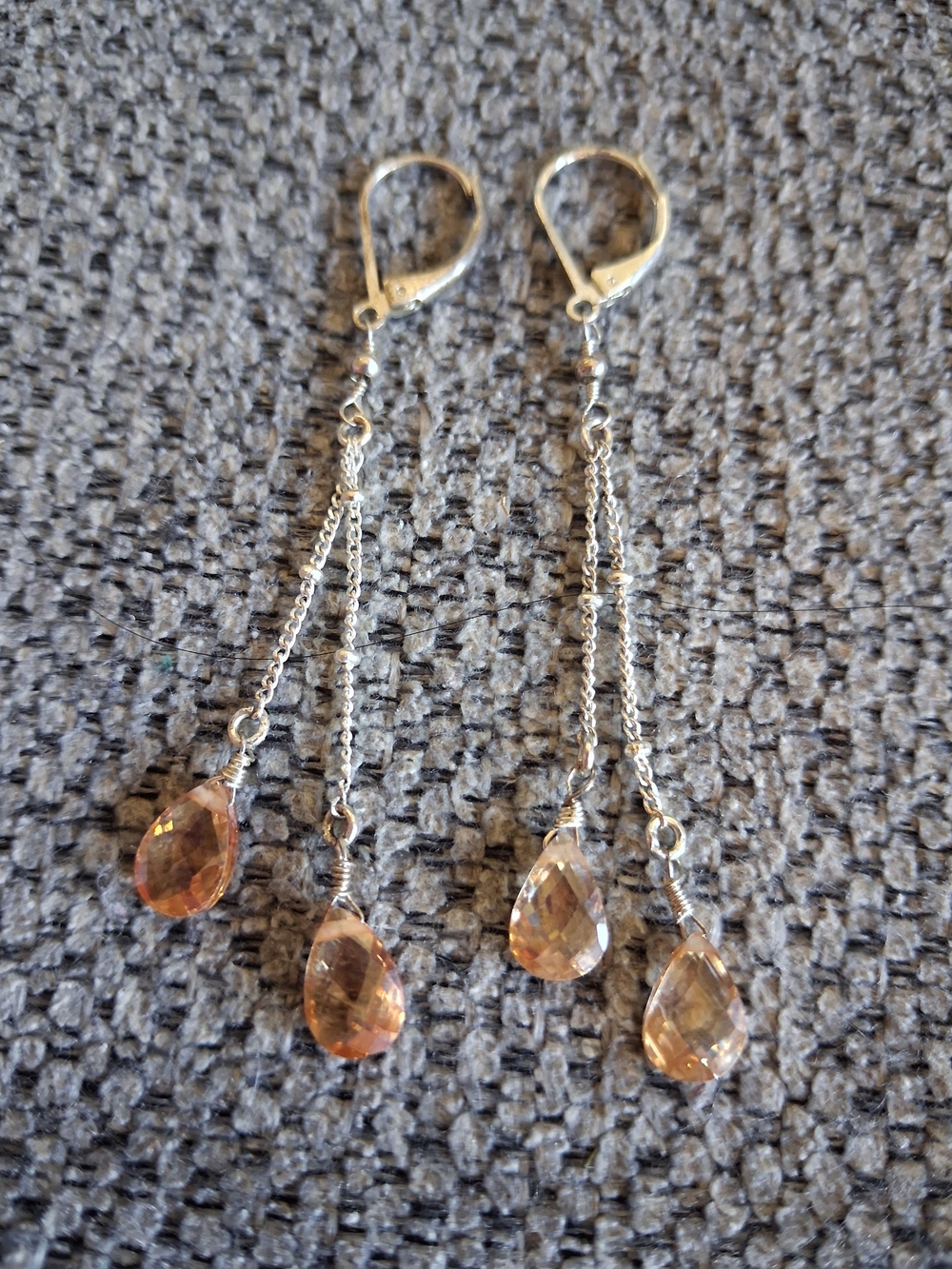 Silver Drop Earrings with Peach Teardrop Crystals